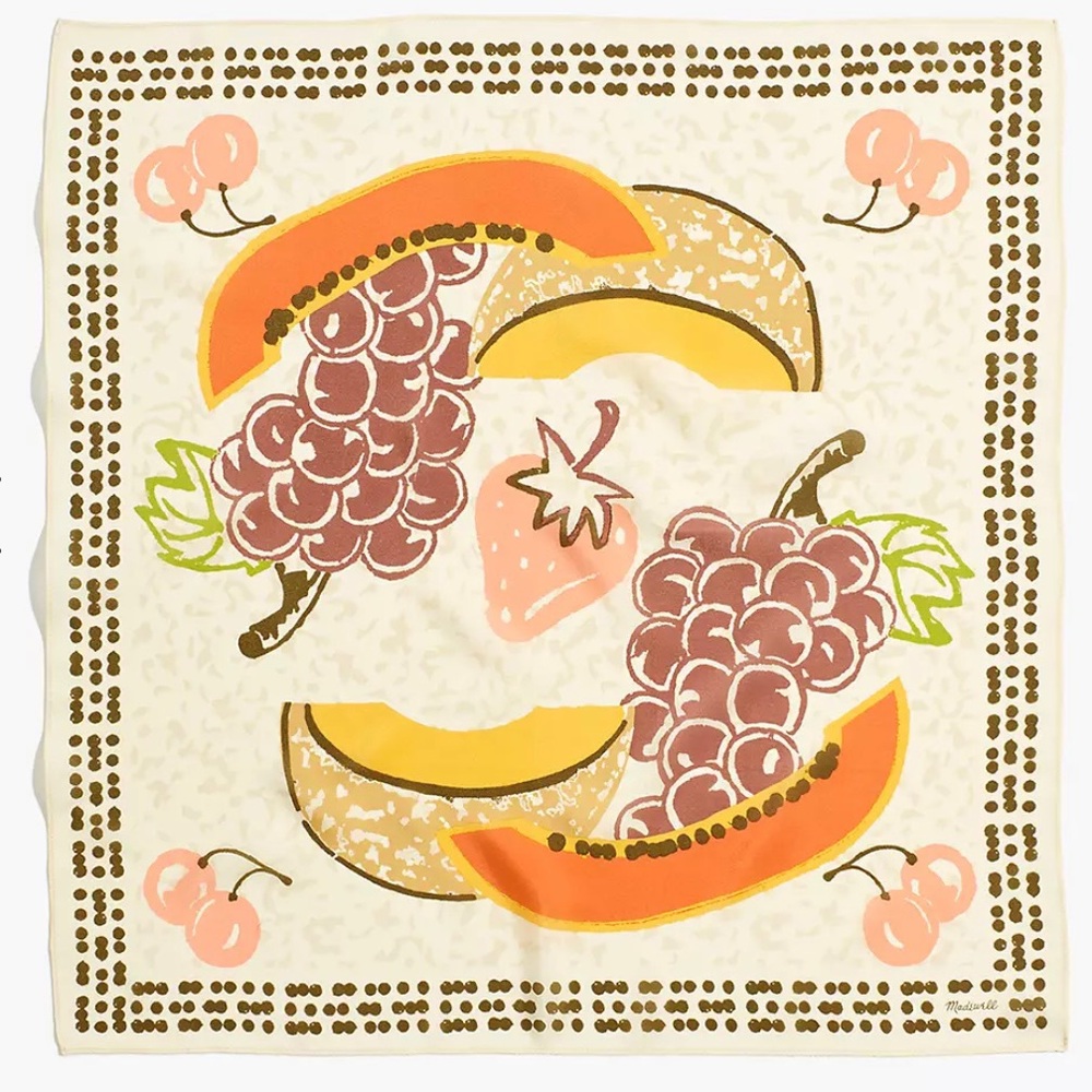 Madewell 100% Silk Beige Fruit Square Bandana Scarf - Picture 4 of 10